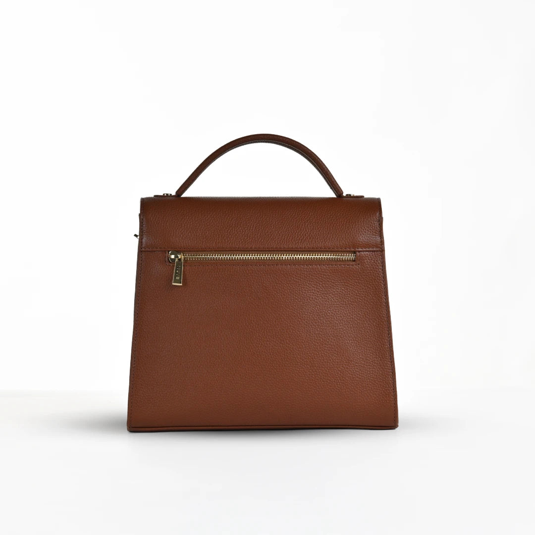 NUVE Genuine Leather Hand Bag for Female - Structured Timeless Design - Chestnut