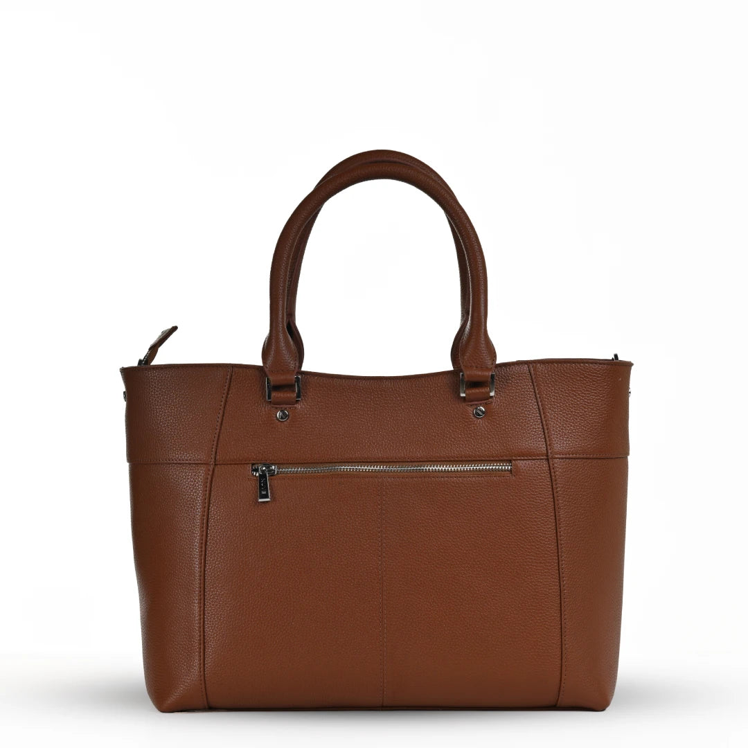 NUVE Genuine Leather Tote Bag for Female - Structured Laptop Carrier -Chestnut