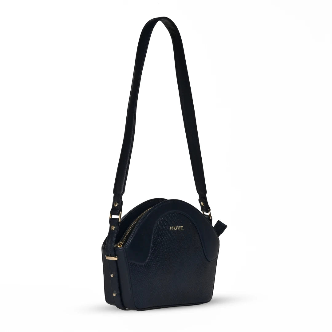 NUVE Genuine Leather Hand Bag for Female - Structured Rounded Top - Navy