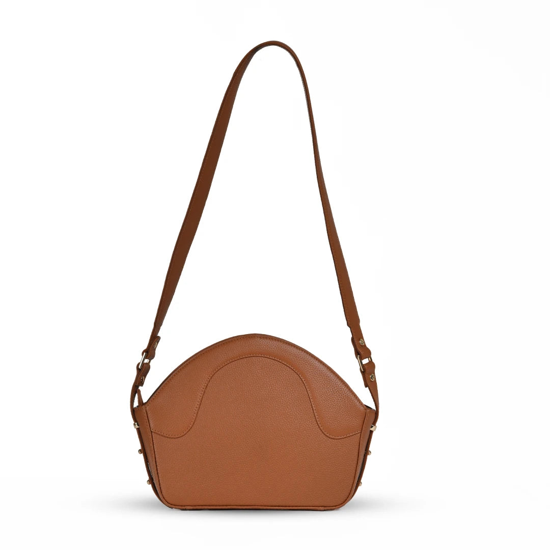 NUVE Genuine Leather Hand Bag for Female - Structured Rounded Top - V1 - Caramel