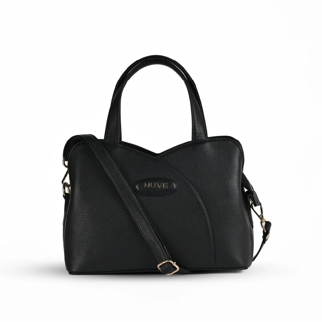 NUVE Genuine Leather Hand Bag for Female - Detailed Structure - Black
