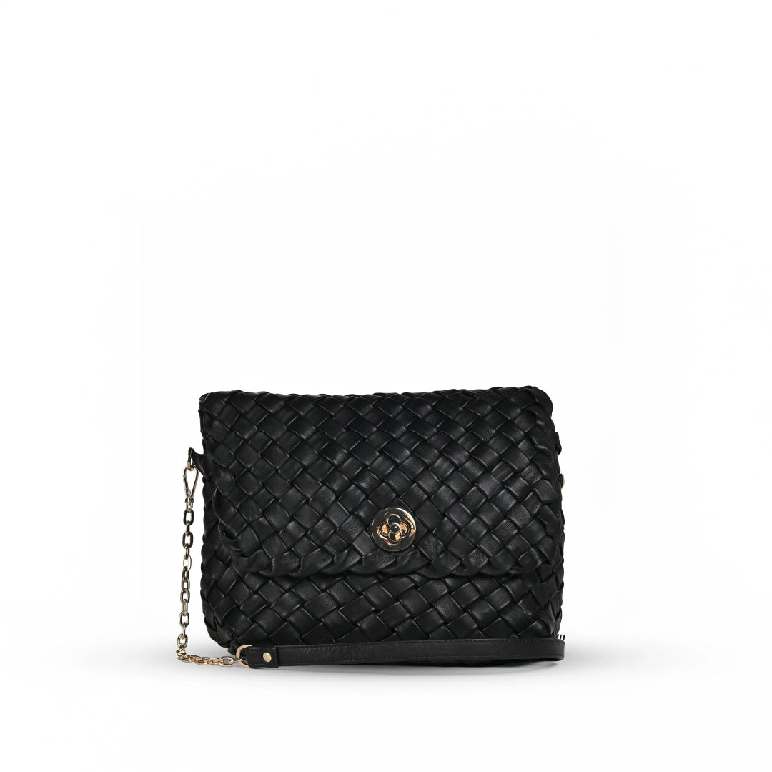 NUVE Genuine Leather Crossbody Bag for Female - Criss Cross Structured -Black