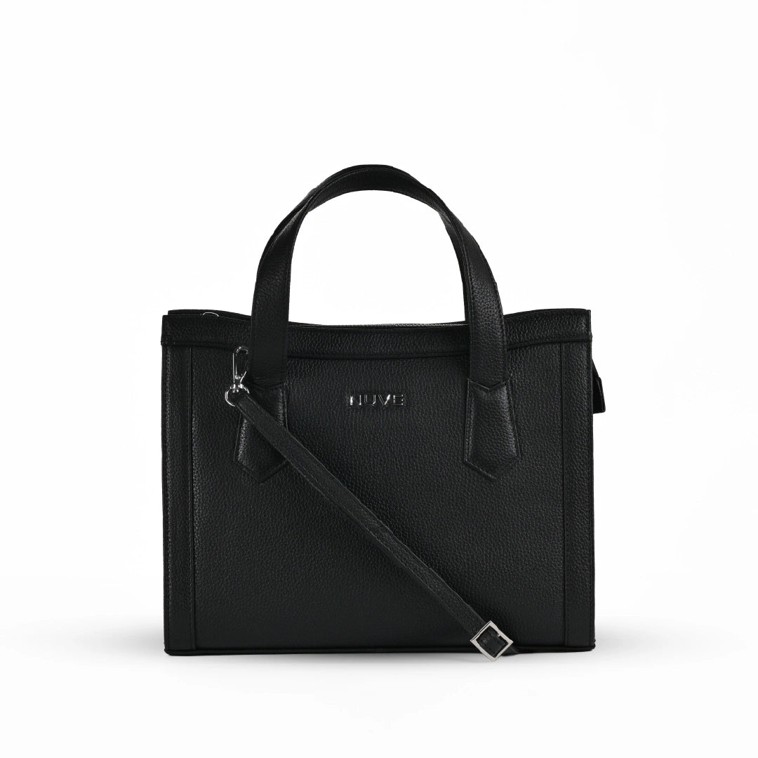 NUVE Genuine Leather Hand Bag for Female - Classic Structured Style - Black