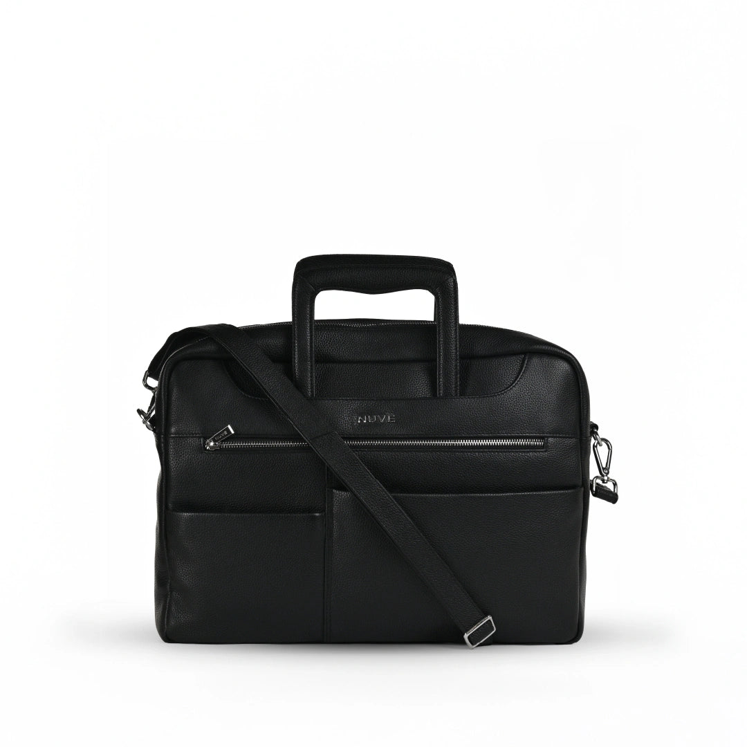 NUVE Genuine Leather Portfolio Bag for Men - Oversized Messenger Bag Laptop Carrier - Black
