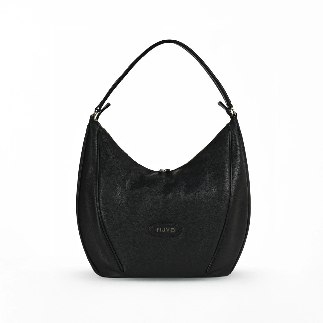NUVE Genuine Leather Hobo Bag for Female - Structured Casual Wear - Black