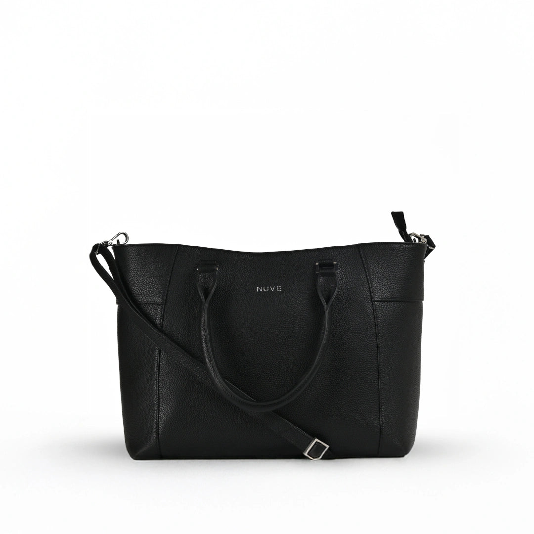 NUVE Genuine Leather Tote Bag for Female - Structured Laptop Carrier - Black