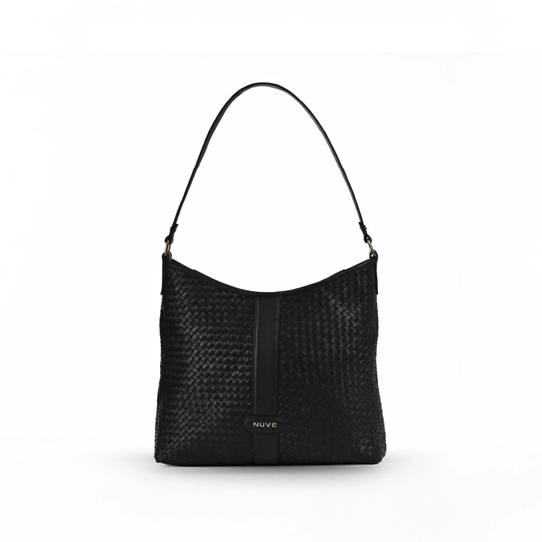 NUVE Genuine Leather Tote Bag for Female - Structured Criss Cross - Black