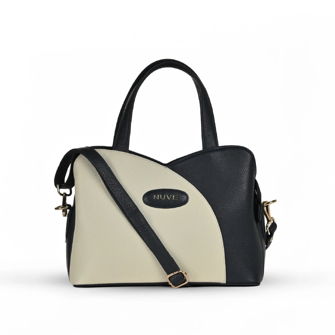 NUVE Genuine Leather Hand Bag for Female - Detailed Structure - Bi Colour (Navy & Stone)