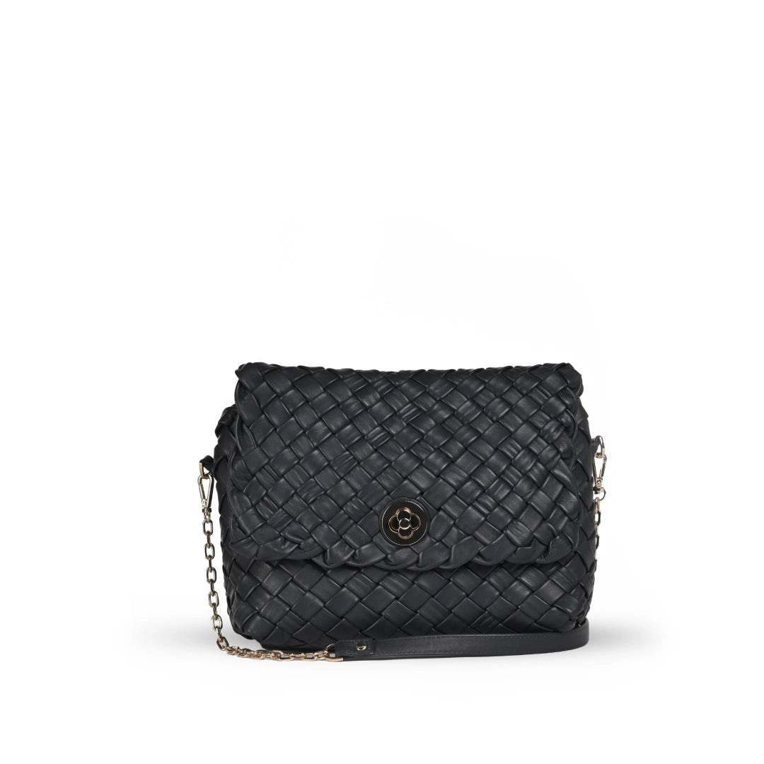 NUVE Genuine Leather Crossbody Bag for Female - Criss Cross Structured -Navy