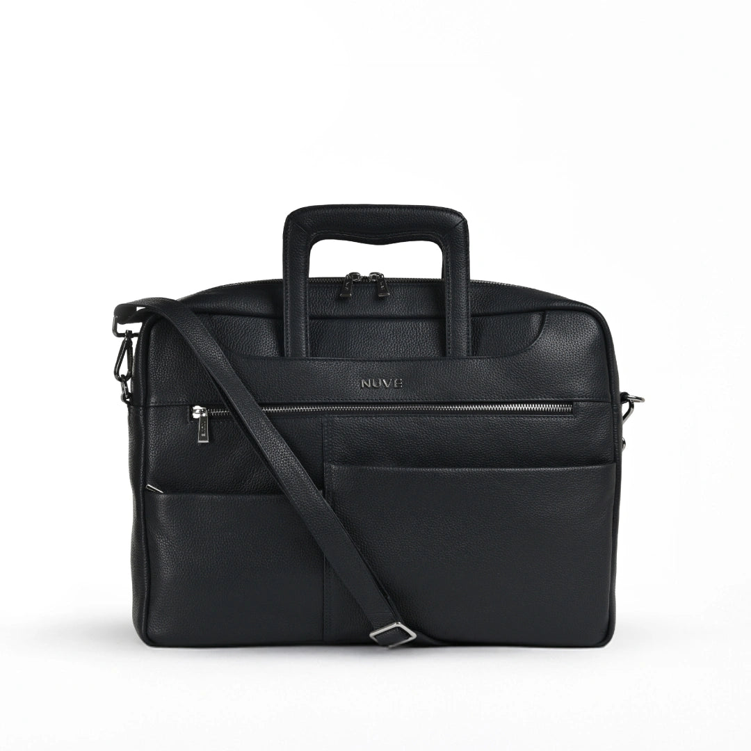 NUVE Genuine Leather Portfolio Bag for Men - Oversized Messenger Bag Laptop Carrier - Navy