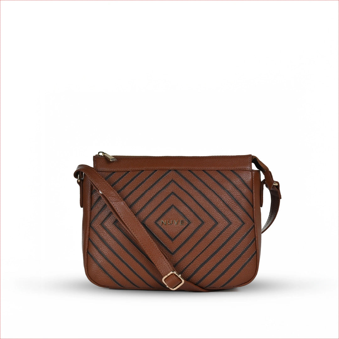 NUVE Genuine Leather Hand Bag for Female - Geometric Designed - Chestnut