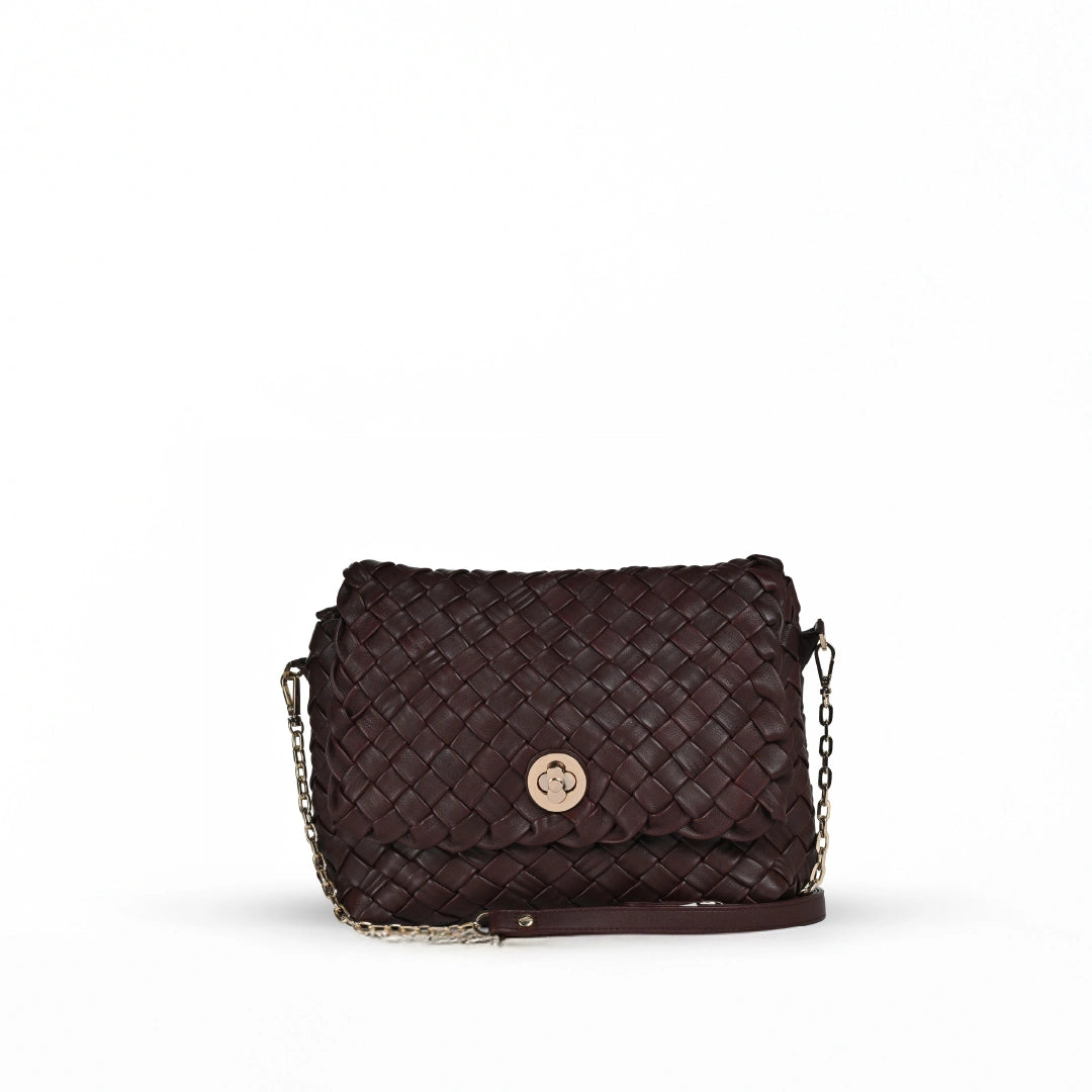 NUVE Genuine Leather Crossbody Bag for Female - Criss Cross Structured - Wine