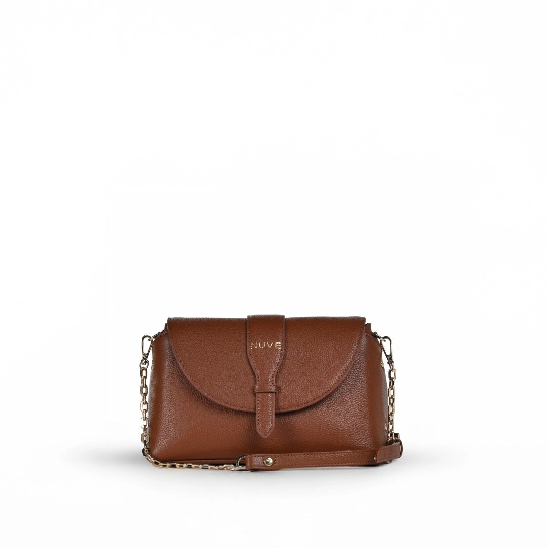NUVE Genuine Leather Crossbody Bag for Female - Structured Polished - Chestnut