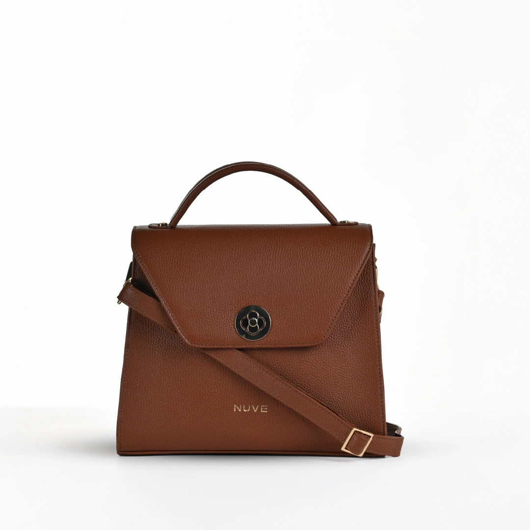 NUVE Genuine Leather Hand Bag for Female - Structured Timeless Design - Chestnut
