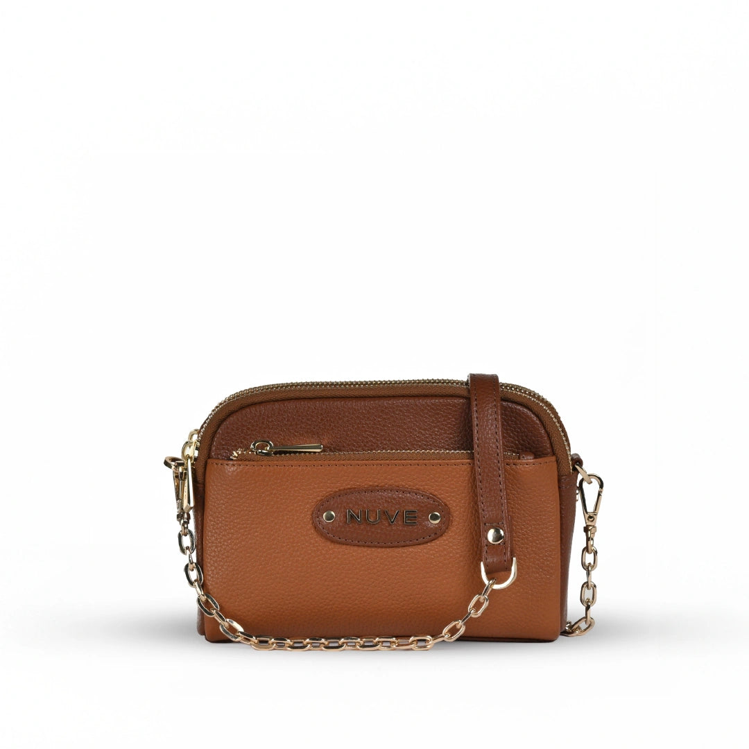 NUVE Genuine Leather Crossbody Bag for Female - Solid Structured All Day Wear -Caramel