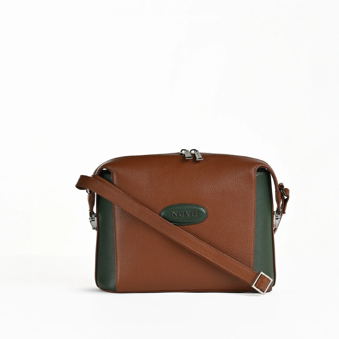 NUVE Genuine Leather Crossbody Bag for Female - Swagger -  Bi Colour (Green & Chestnut)