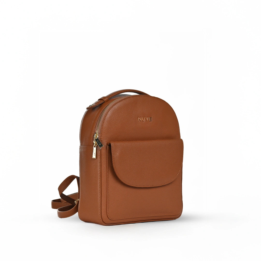 NUVE Genuine Leather Backpack for Female - Compact Ergonomic Structured - Caramel
