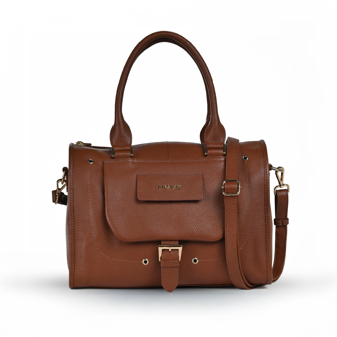 NUVE Genuine Leather Hand Bag for Female - Structured All Occasion - Chestnut