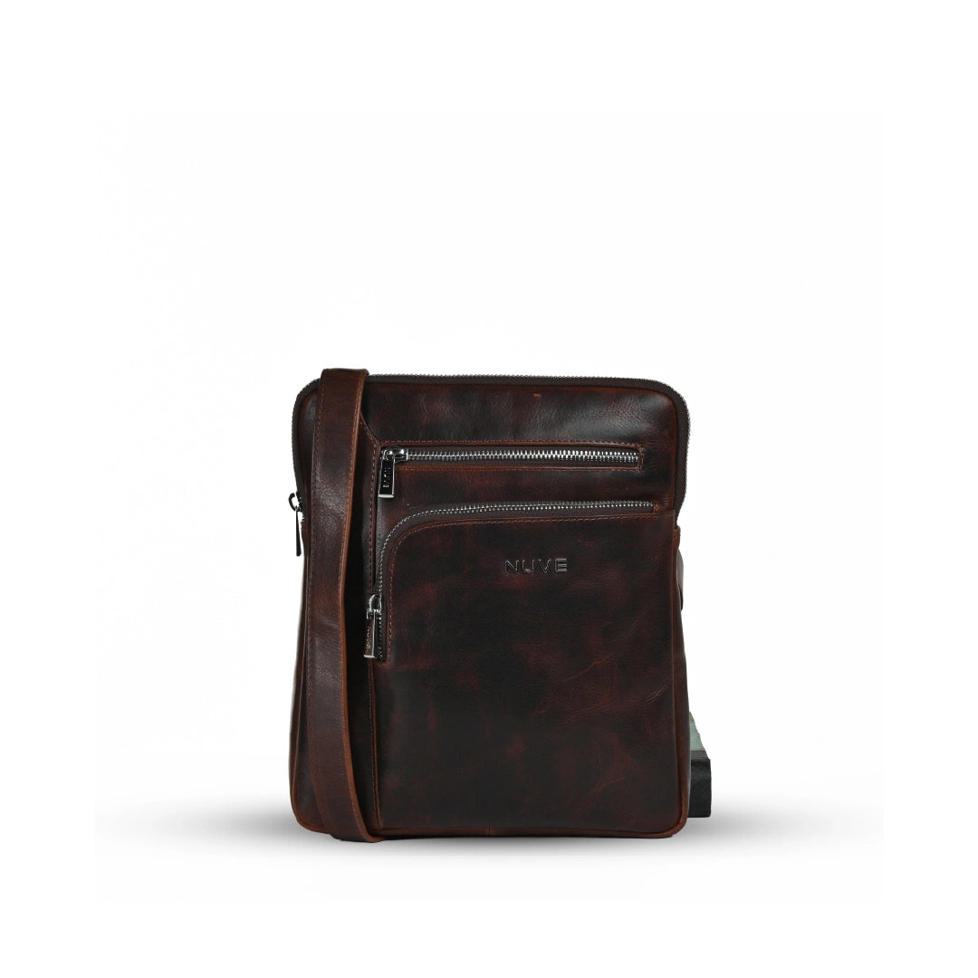 NUVE Genuine Leather Crossbody Bag for Men Small - Compact Messenger Bag- Brown