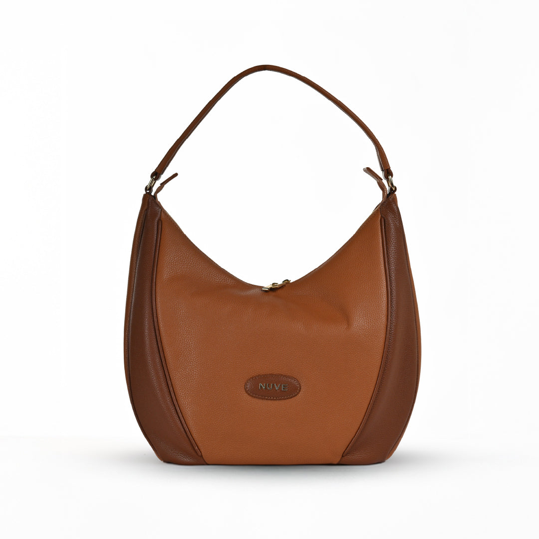 NUVE Genuine Leather Hobo Bag for Female - Structured Casual Wear -  Bi Colour (Caramel & Chestnut)
