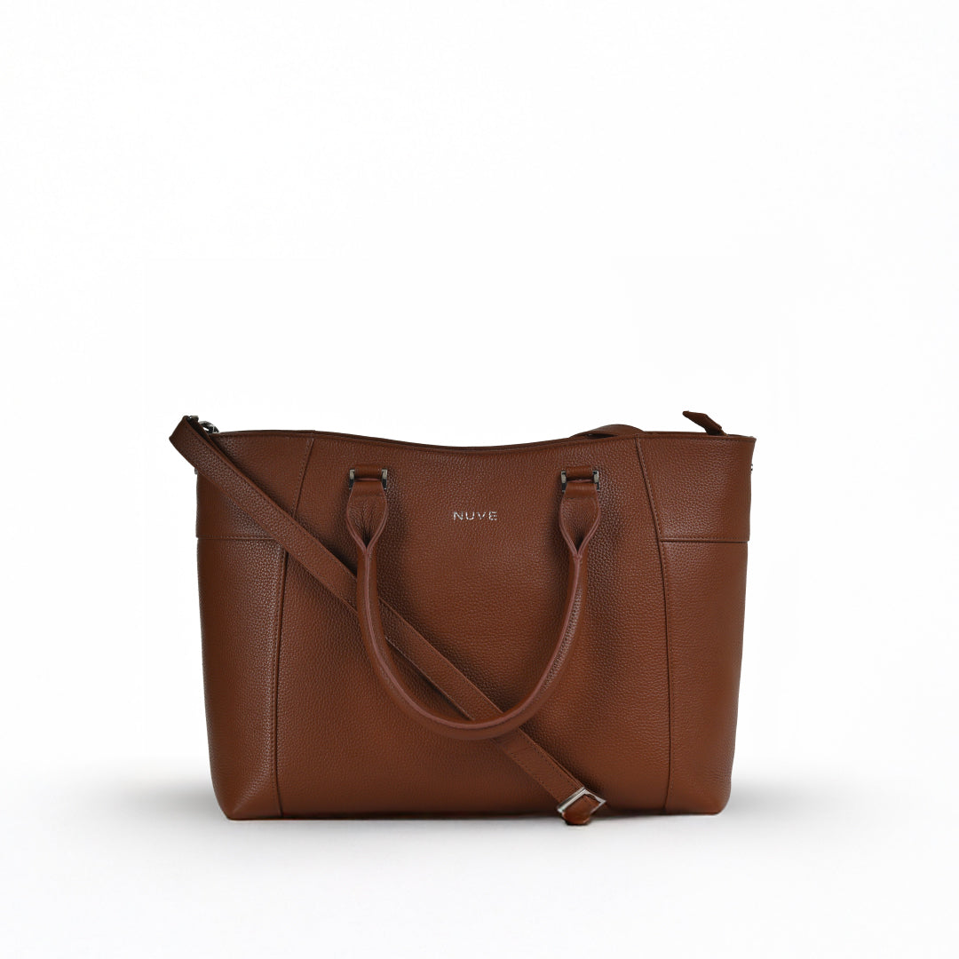 NUVE Genuine Leather Tote Bag for Female - Structured Laptop Carrier -Chestnut