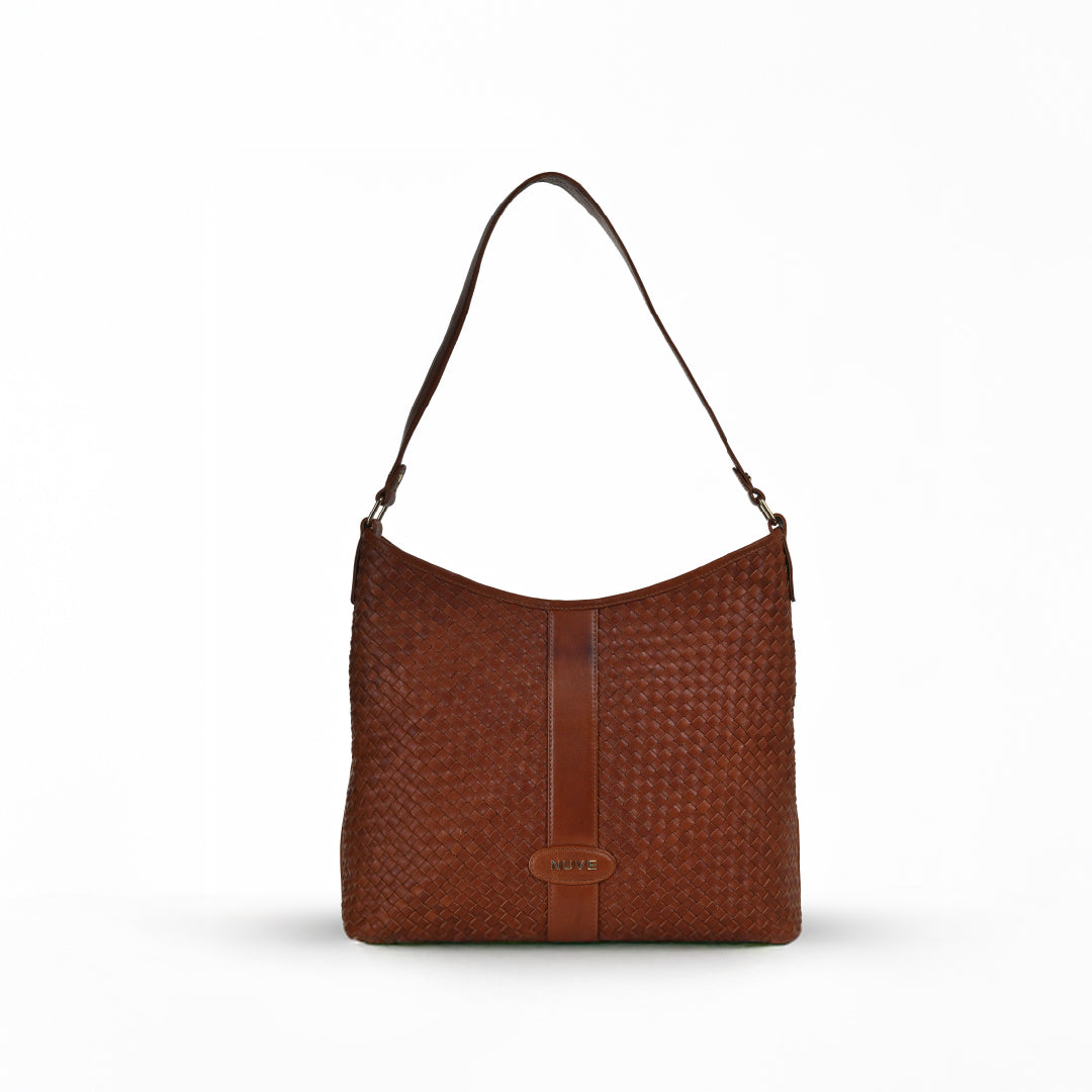 NUVE Genuine Leather Tote Bag for Female - Structured Criss Cross - Tan