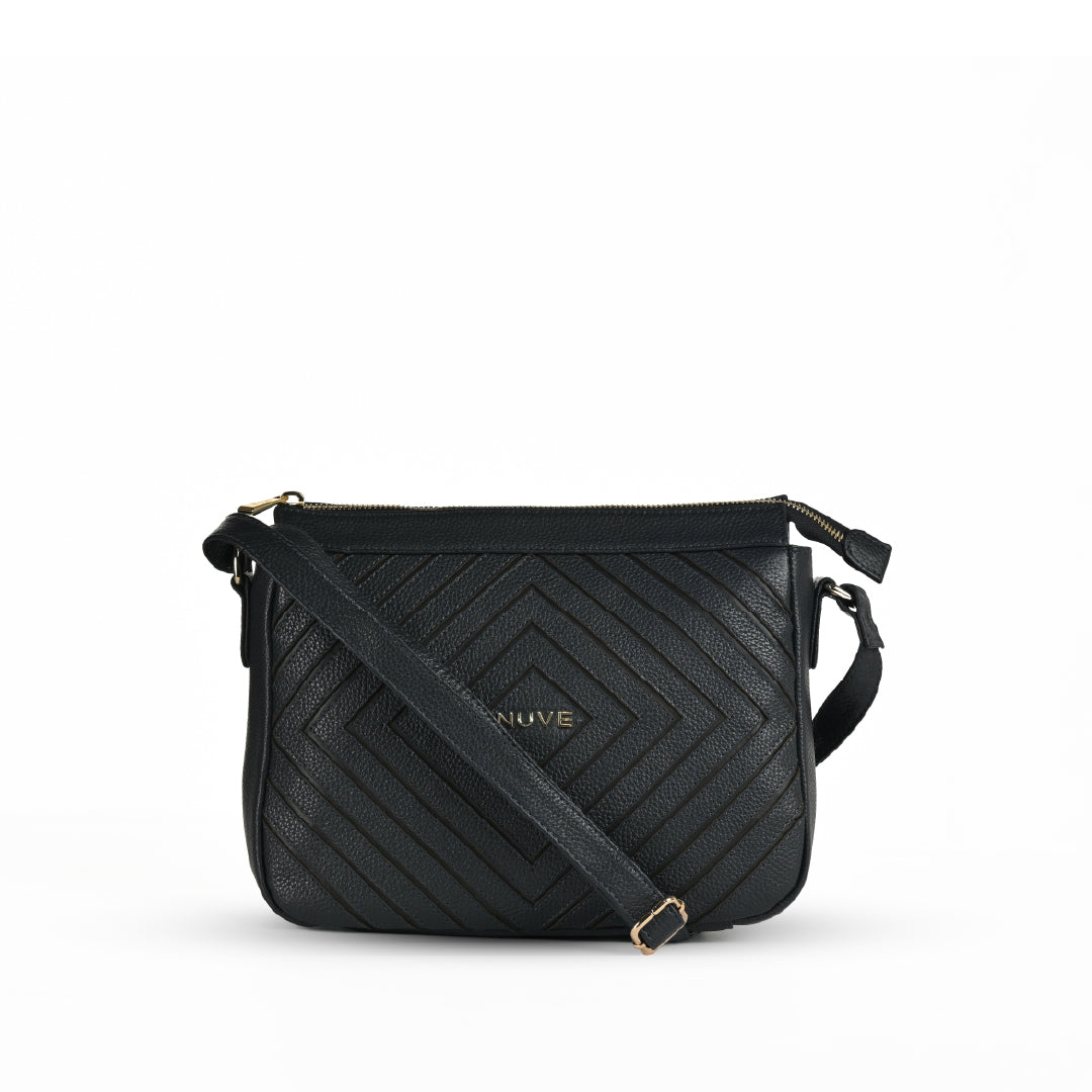 NUVE Genuine Leather Hand Bag for Female - Geometric Designed - Navy